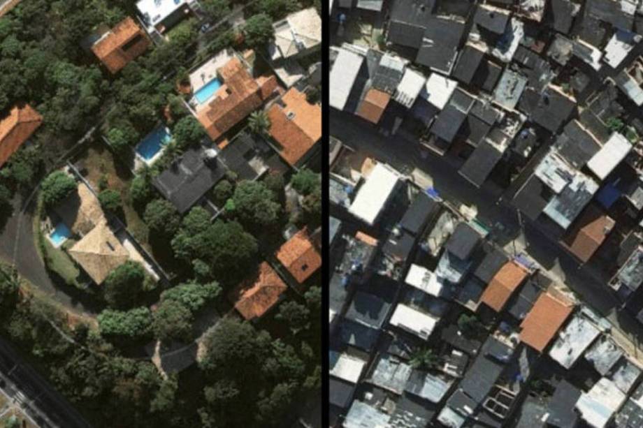 Foto aérea de dois bairros da capital. Á esquerda, um bairro rico e arborizado. À direita, pobre