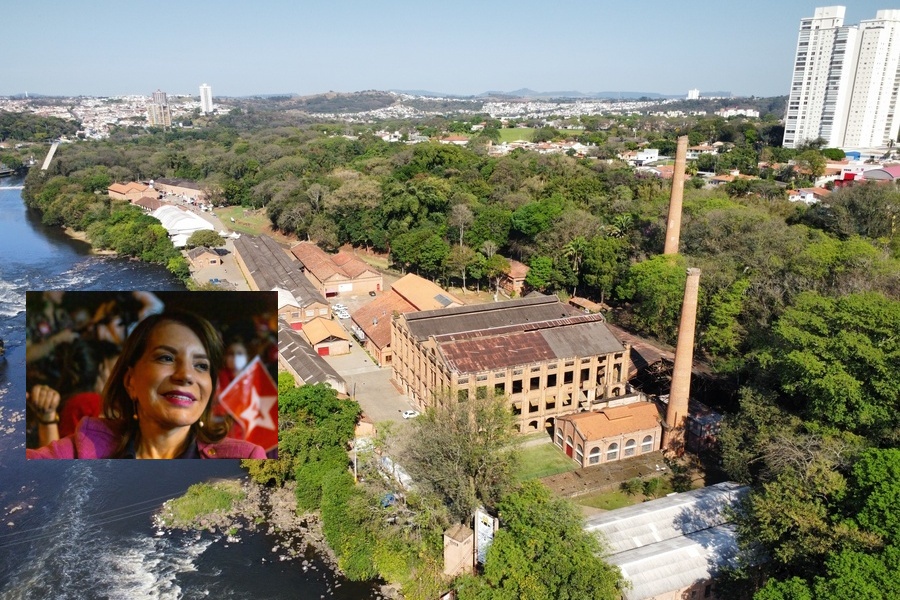 Foto parcial e aérea da cidade de Piracicaba. No detalhe, foto da Deputada Estadual Professora Bebel