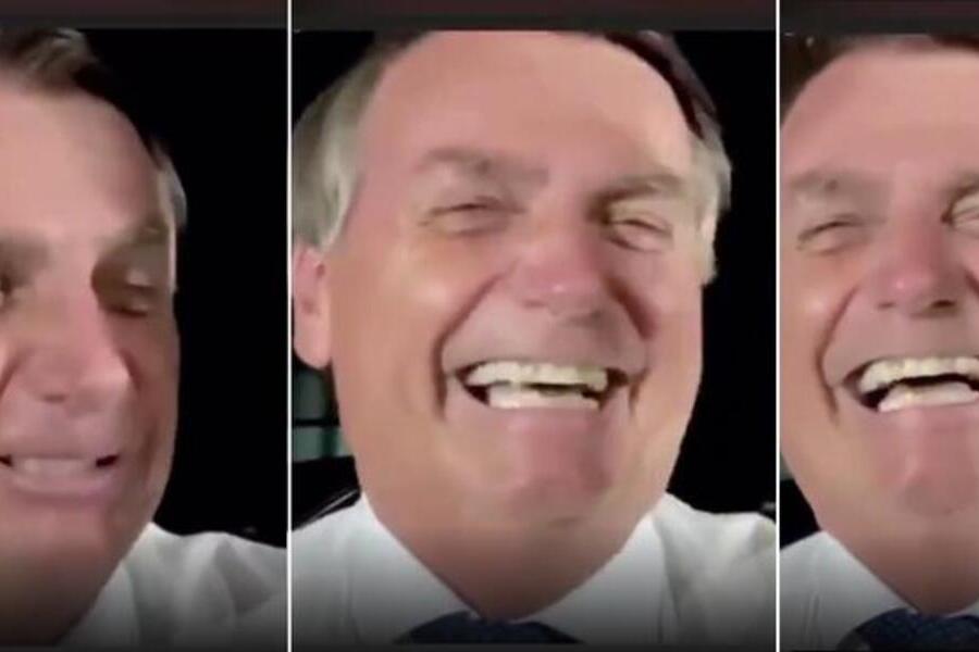 Montagem com três fotos de Bolsonaro, em close. A primeira foto está sério, a segunda, ao centro, ri muito. E, por último, ri menos