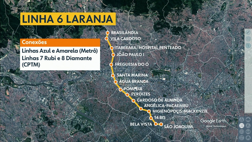 Imagem ilustrativa sobre como será a Linha 6-Laranja que liga Brasilândia a São Joaquim.