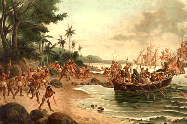 Pintura da chegada de um barco português ao litoral do sul da Bahia