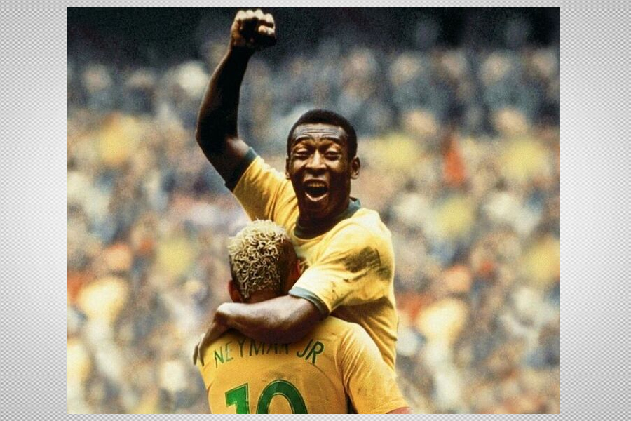 Foto montagem em que se recria a icônica foto de Pelé pulando e abraçando Jairzinho no gol contra a Itália, Na montagem Pelé pula e abraça-se com Neymar. 
