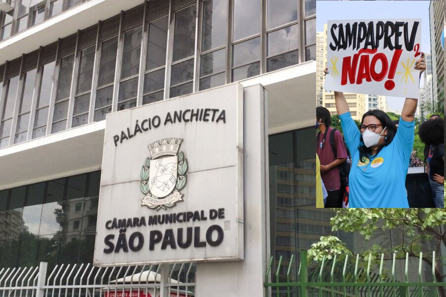 Foto da Vereadora Juliana Cardoso erguendo cartaz "Não ao Sampaprev 2" em montagem com a foto da fachada do prédio da CMSP