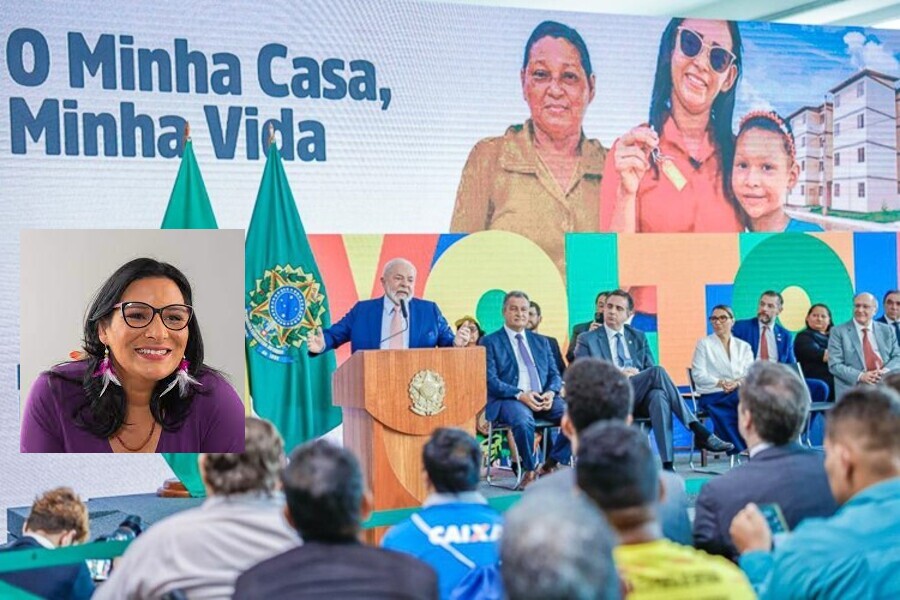 Foto do lançamento do novo Minha Casa Minha Vida pelo presidente Lula. No destaque, foto da deputada federal Juliana Cardoso (PT/SP)