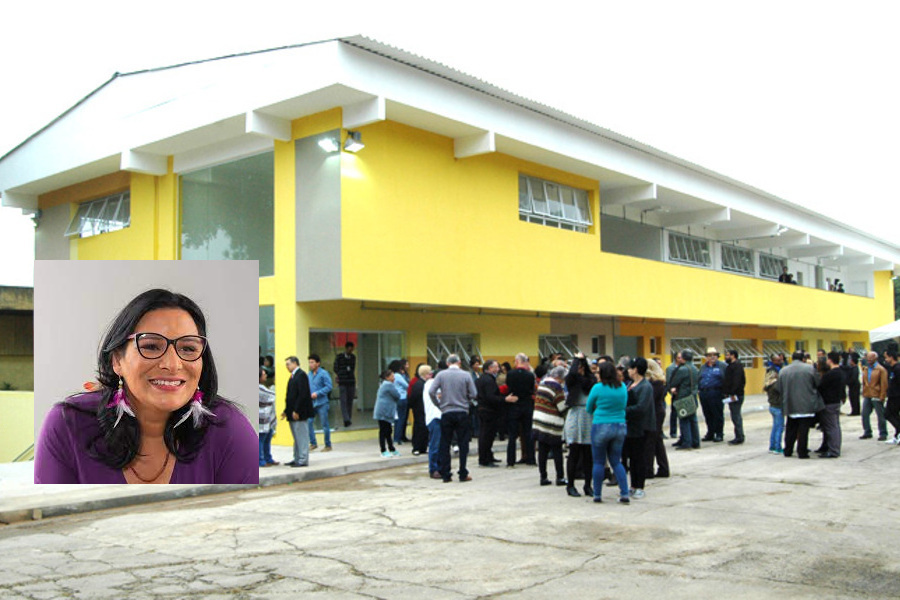 Fachada do Prédio da Unifesp Campus Zona Leste. No destaque, foto da deputada federal Juliana Cardoso