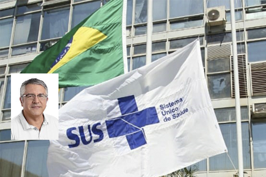 Foto da bandeira do SUS tremulando com a foto do deputado Alexandre Padilha no destaque