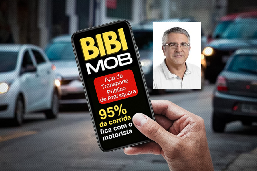 Foto de alguém segurando um celular onde se vê o aplicativo Bibi Mob em funcionamento. No destaque foto do Deputado Federal Alexandre Padilha (PT-SP)
