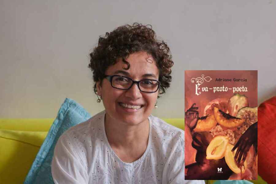 Foto montagem da escritora Adriane Garcia com a capa do seu novo livro "Eva Proto-Poeta"