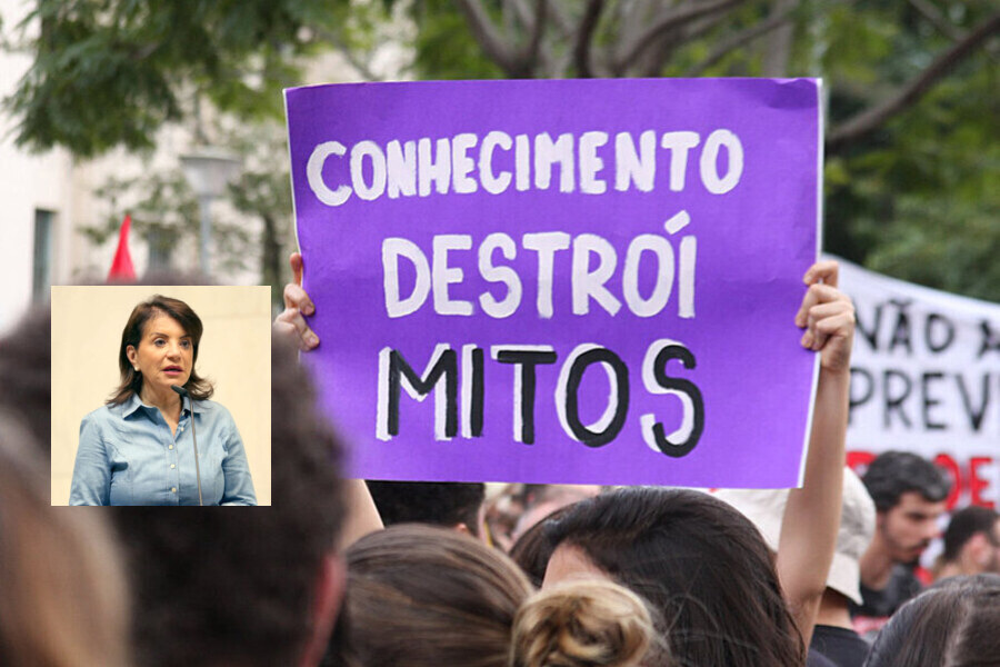 Foto da deputada estadual Professora Bebel aplicada sobre outra foto em que professores erguem um cartaz escrito "Conhecimento destrói Mitos".