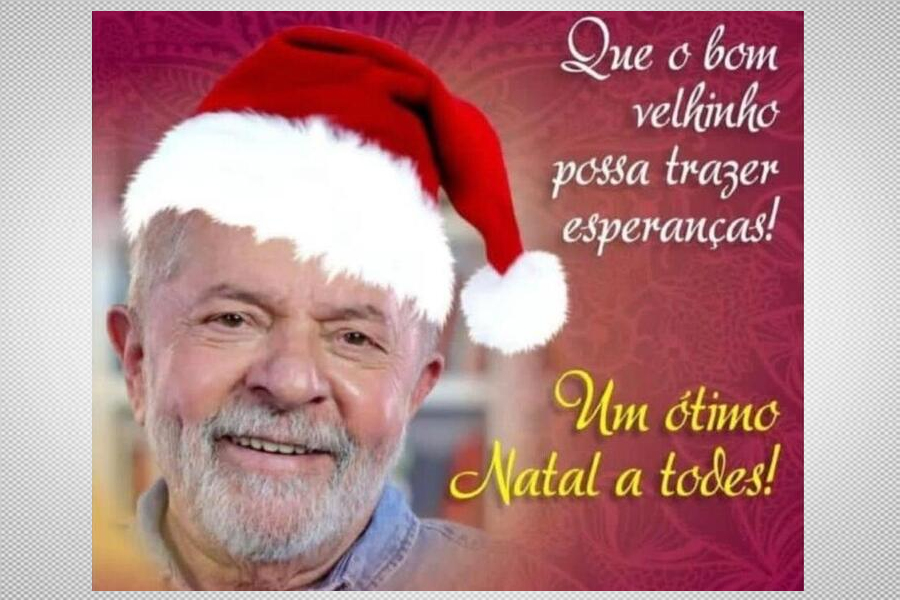 Foto montagem com o rosto de Lula usando a toca do Papai Noel