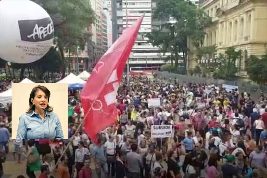 Foto da Deputada Professora Bebel está aplicada sobre uma foto de manifestação de professores na Praça da República