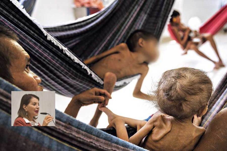 Foto da deputada professora bebel aplicada sobre foto maior de yanomamis deitados na rede com inanição