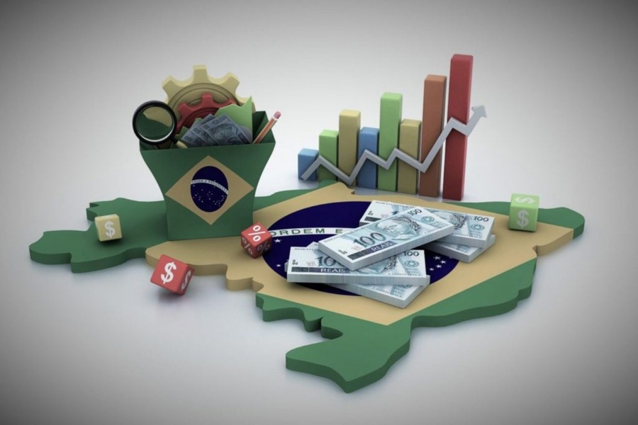 Desenho em que mostra o mapa do Brasil cercado por setas e ilustrações indicando positividade na economia e no crescimento