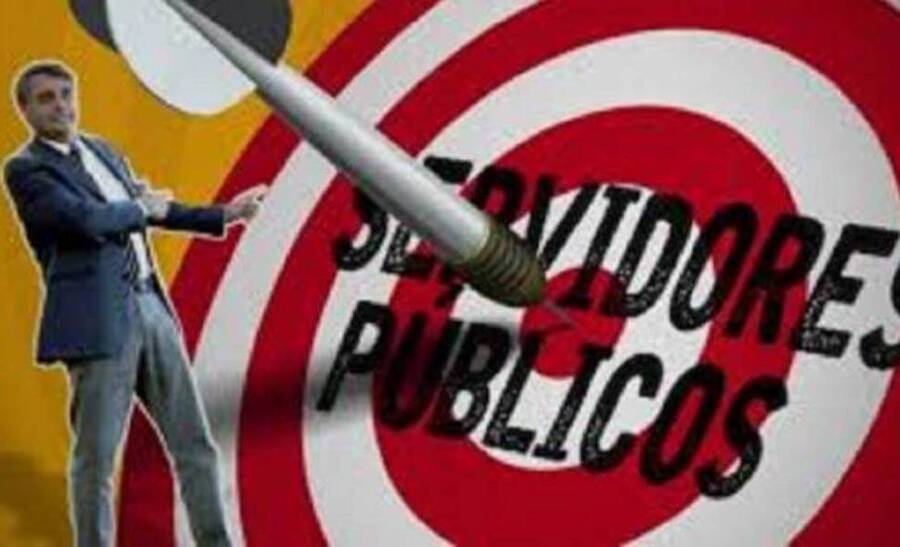 Ilustração de Bolsonaro atirando uma seta num alvo em que está inscrito "Servidores Públicos"