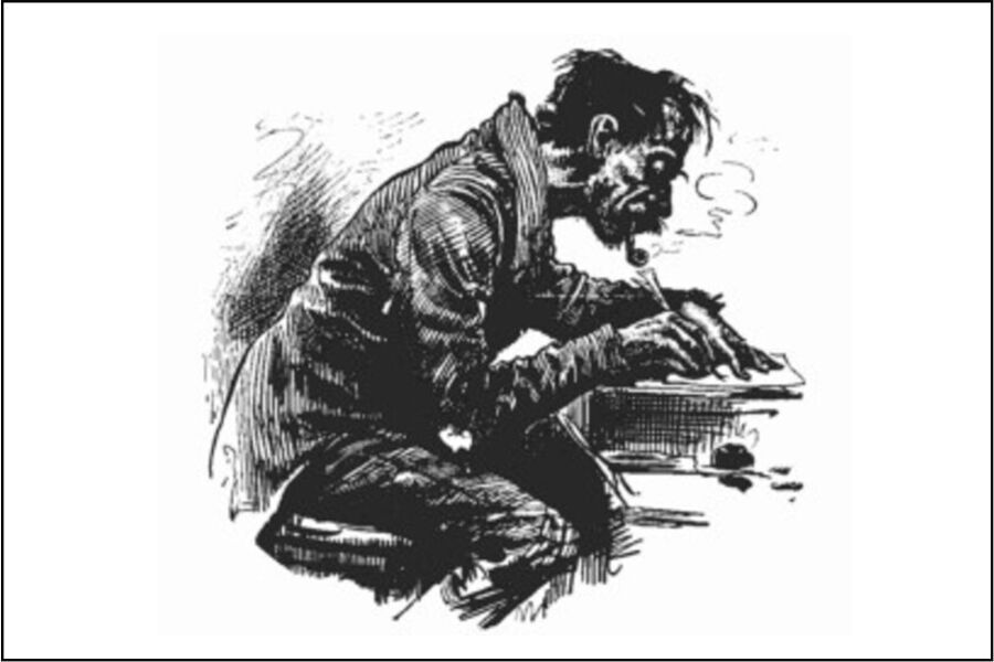 Desenho de um homem fumando cachimbo e escrevendo à mão. 