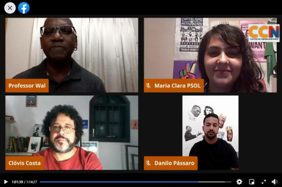 Foto do debate virtual com Walmir (do CCN) e Maria Clara, Clóvis e Danilo do PSOL.