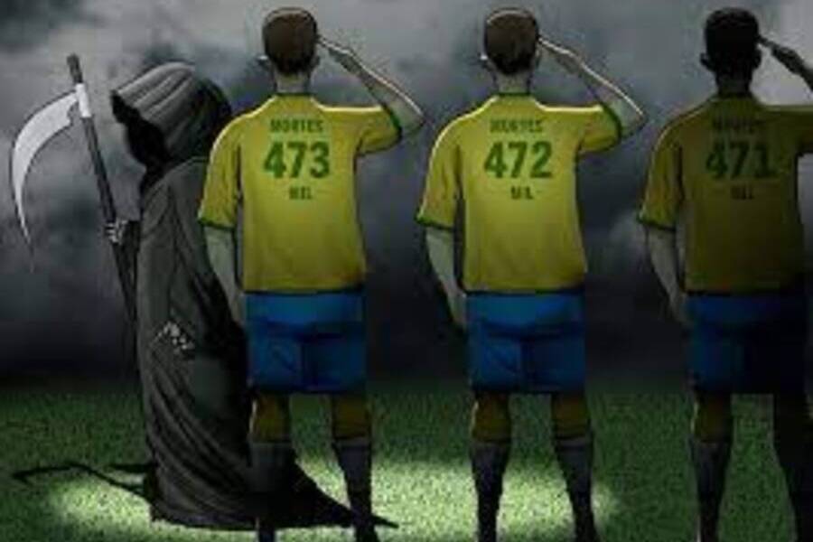 Ilustração de jogadores da Seleção batendo continência para a figura da morte na hora do Hino Nacional 