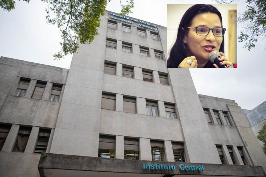 Foto da fachada do Hospital das Clinicas com a imagem da vereadora Juliana Cardoso sobrepondo.