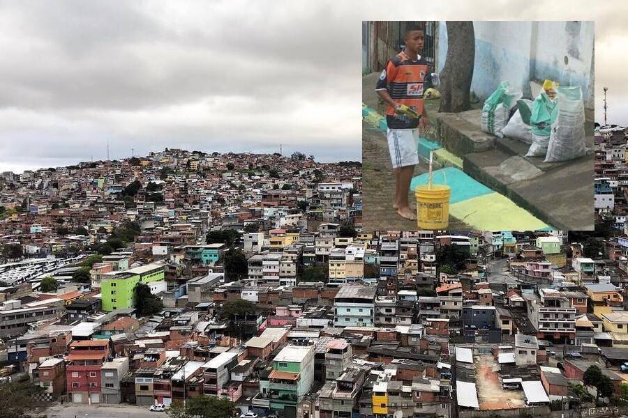 Vista aérea parcial do bairro Jardim Pery. No detalhe, Gabriel Jesus, em 2014, ainda morador do bairro.