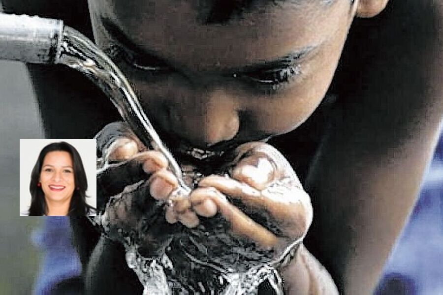 Criança bebe água de uma fonte potável. No destaque, a imagem da vereadora Juliana Cardoso