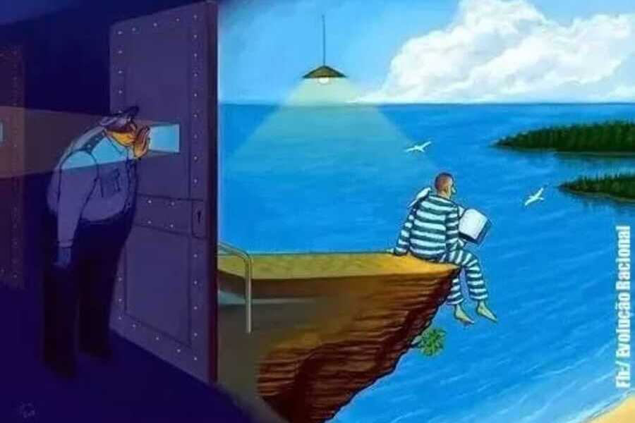 Pintura em que um guarda observa pela janela da porta da cela um preso lendo, mas ele está sentado à beira de um penhasco sob o mar.