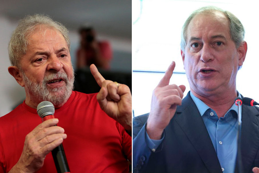 Foto montagem. Lula, à esquerda, vested blusa vermelha e está com o dedo indicador da mão esquerda em riste. Ao lado, Ciro também está com o dedo indicador em riste.