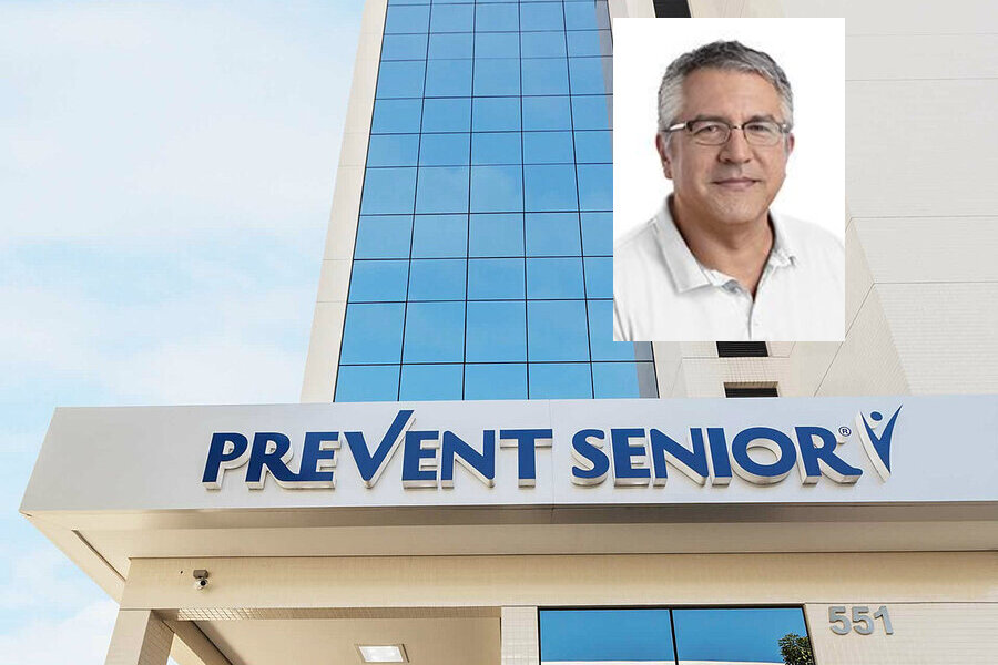 Foto da fachada do Hospital da Prevent Senior com a foto do Deputado Federal Alexandre Padilha sobreposta