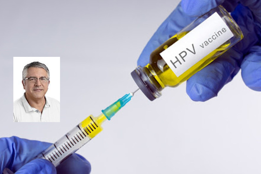 Foto de close de uma seringa espetada no frasco de vacina contra HPV. No detalhe, foto do Deputado Federal Alexandre Padilha