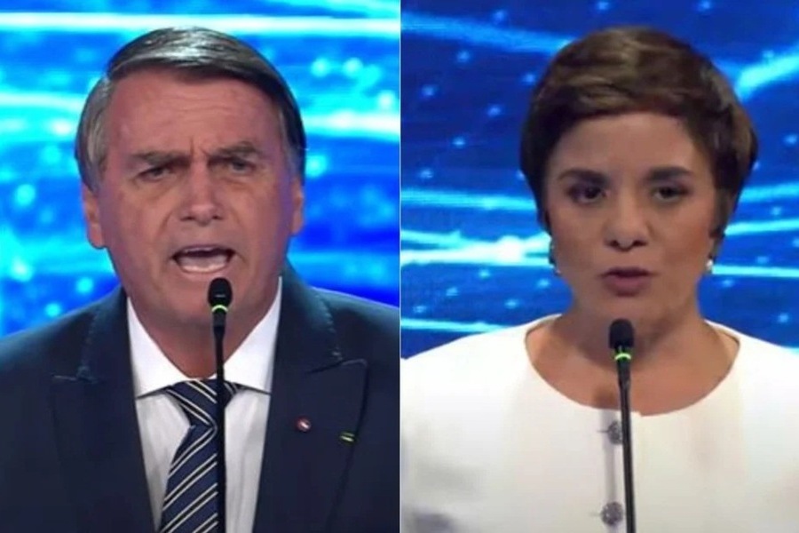 Foto montagem em que está Bolsonaro à esquerda e a jornalista Vera Magalhães à direita