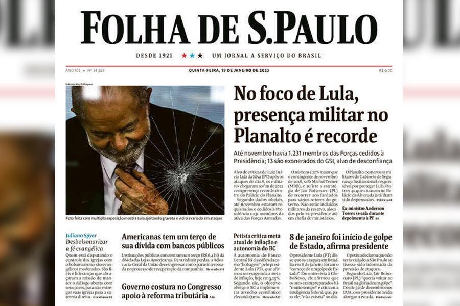 Capa da Folha de São Paulo, edição de 19 de janeiro de 2023, sugere um tiro no peito de Lula por suas declarações sobre a economia