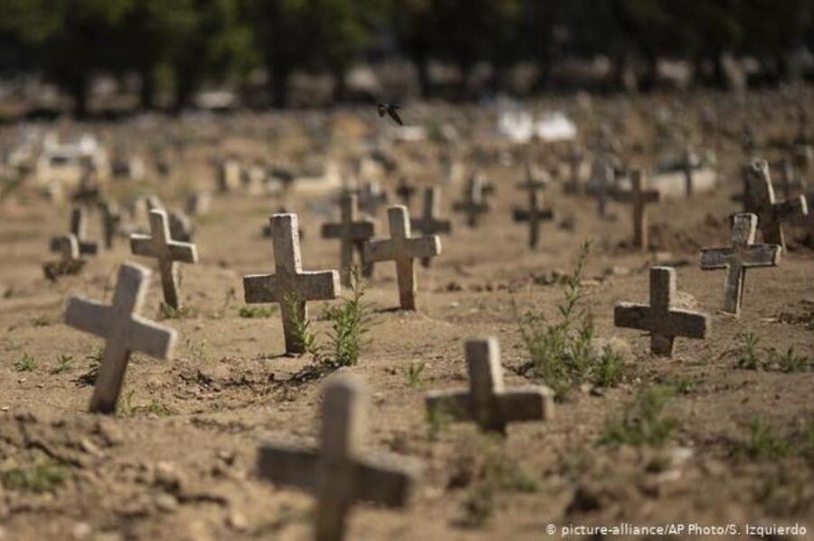 Foto de um terreno com centenas de cruzes indicando que ali é um cemitério