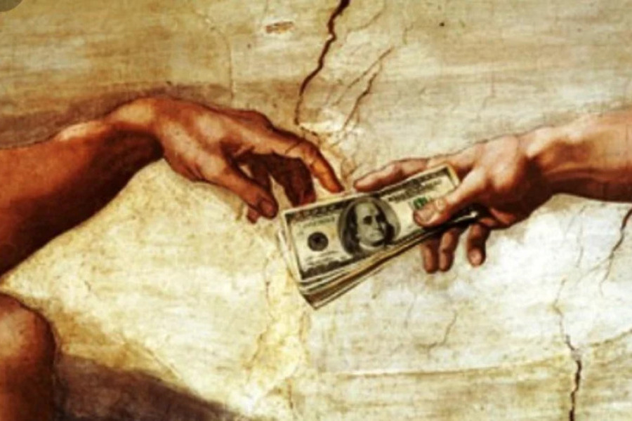 Versão da obra "A Criação do Homem" de Leonardo D'Avinci, quando "deus" repassa ao homem notas de dólar