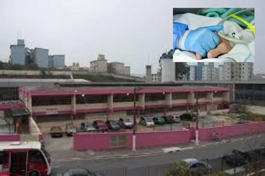 montagem das fotos: a principal, da emef Oswaldo Aranha. a menor, mão de enfermeiro segura a mão de um doente por Covid-19
